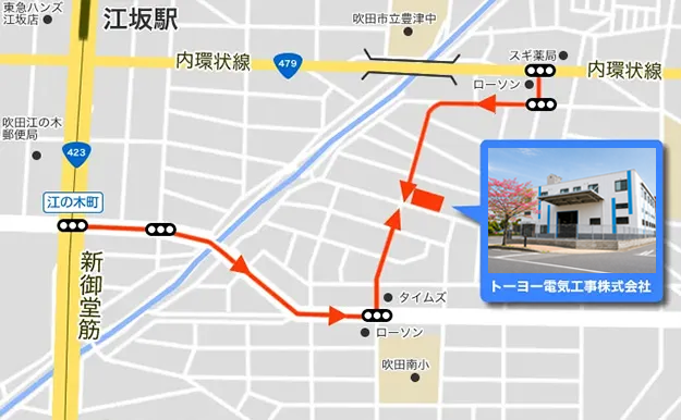 江坂駅からの道順を示した地図